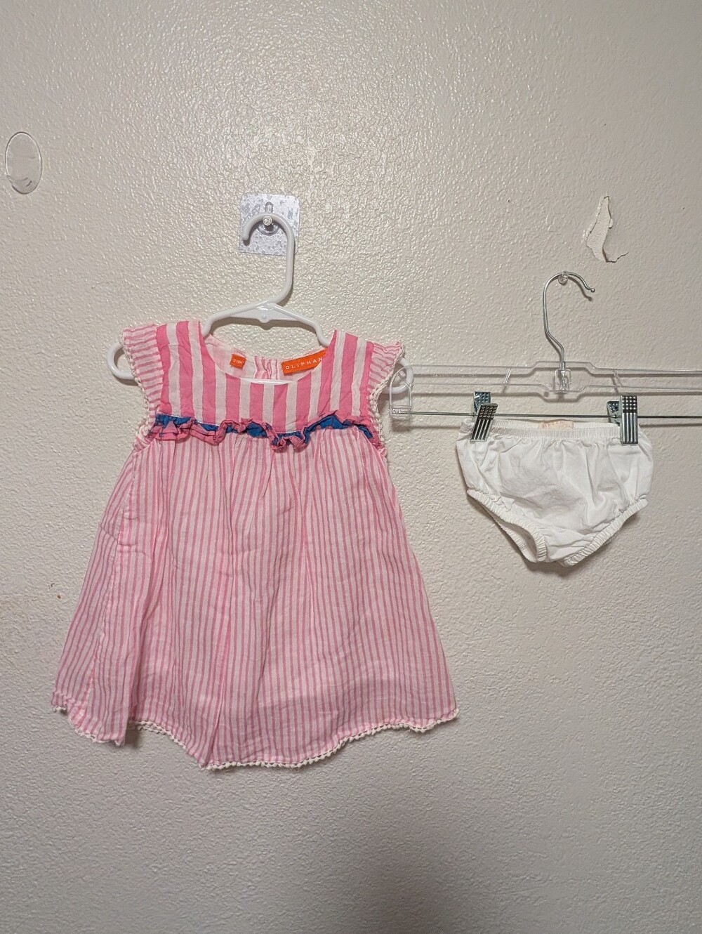 Oliphant Pink Striped Baby Dress Sz 12/18mis with Between baby Bloomers Sz 12mo